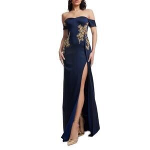 Dress The Population Logan Floral Applique Off the Shoulder Navy Gown Small S